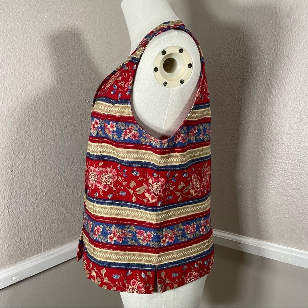 Vtg Talbots Red Floral Striped Button Up Vest Size Small - Picture 5 of 8